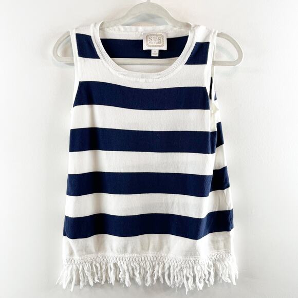 Sail to Sable Hydna Fringe Trim Striped Sweater Tank Top White Blue XS - Picture 2 of 9